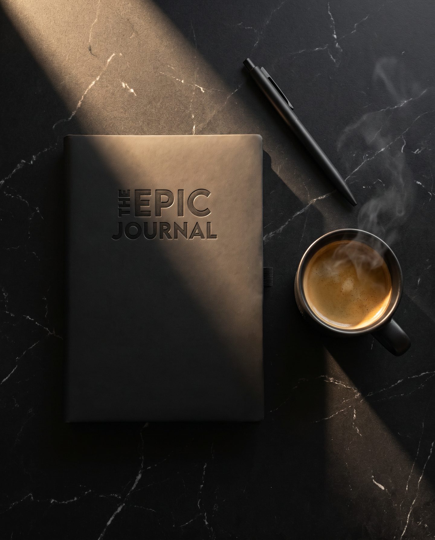 The Epic Journal on black marble beside an espresso